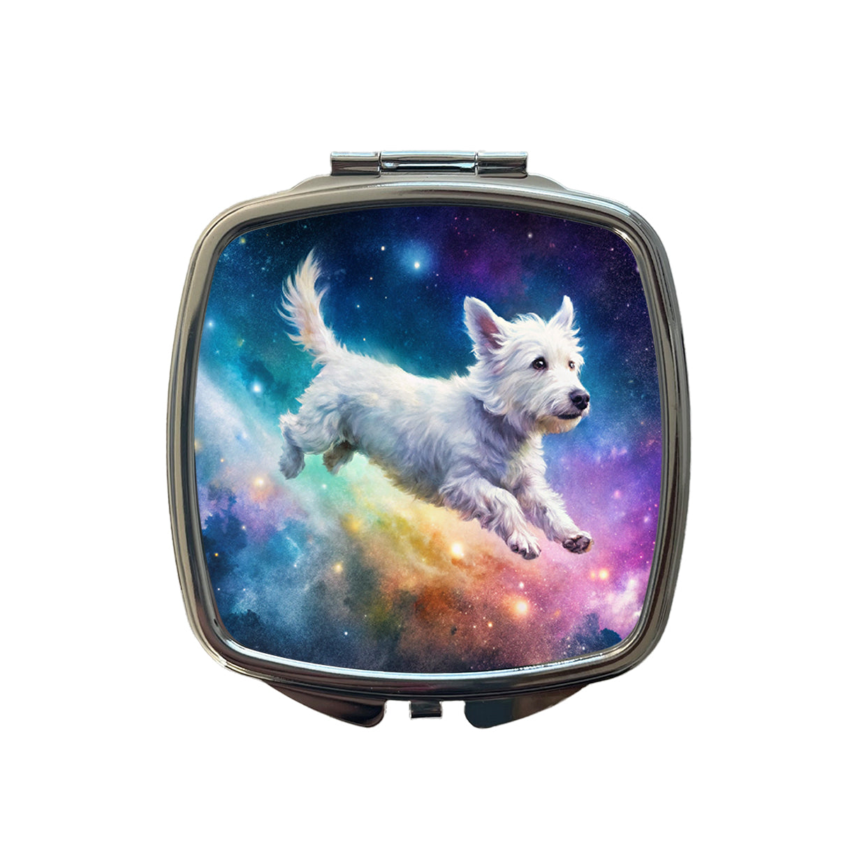 White Dog Flying Through Space Funny Watercolor Small Travel Purse Handbag Pocket Makeup Compact Mirror
