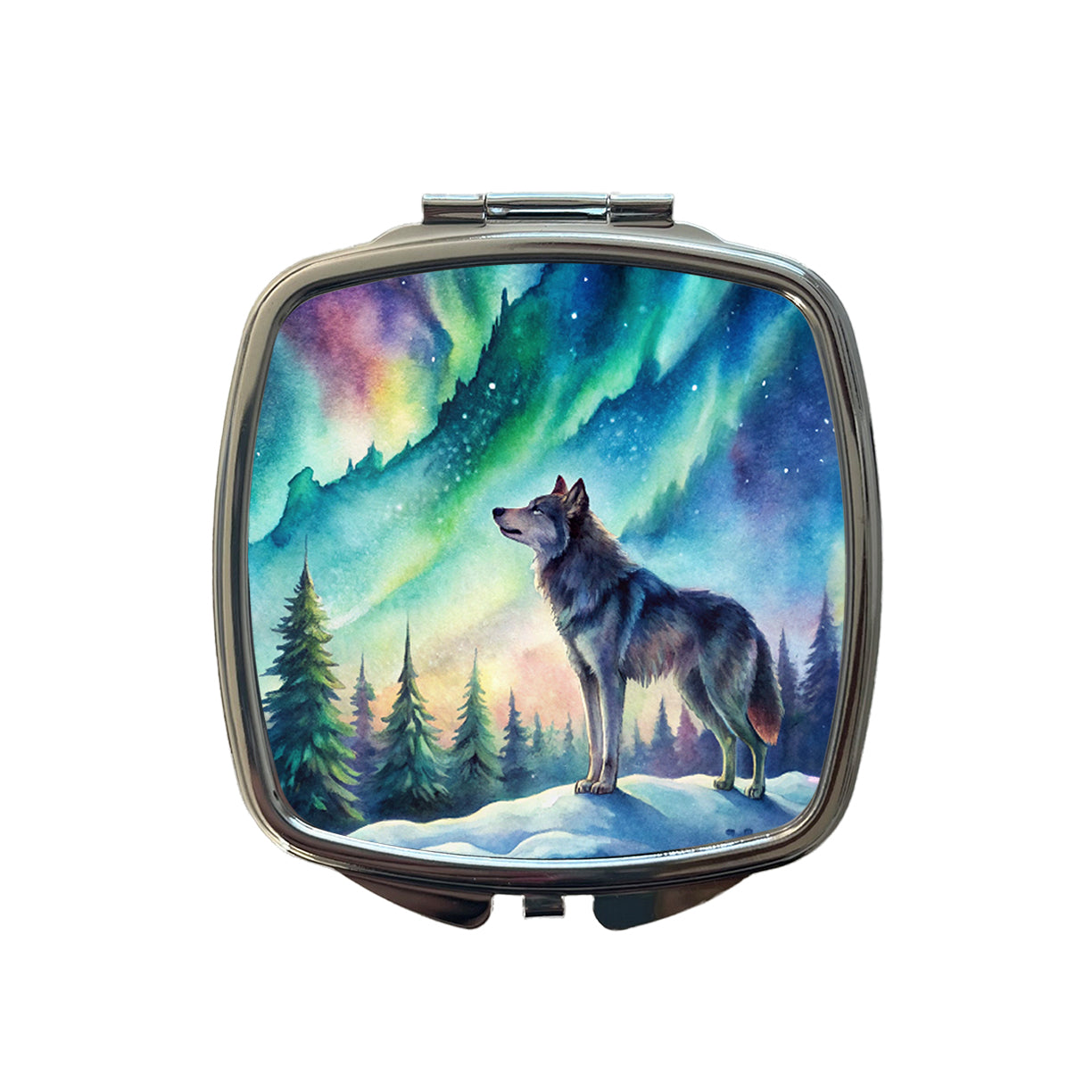 Wolf And Northern Lights Watercolor Small Travel Purse Handbag Pocket Makeup Compact Mirror
