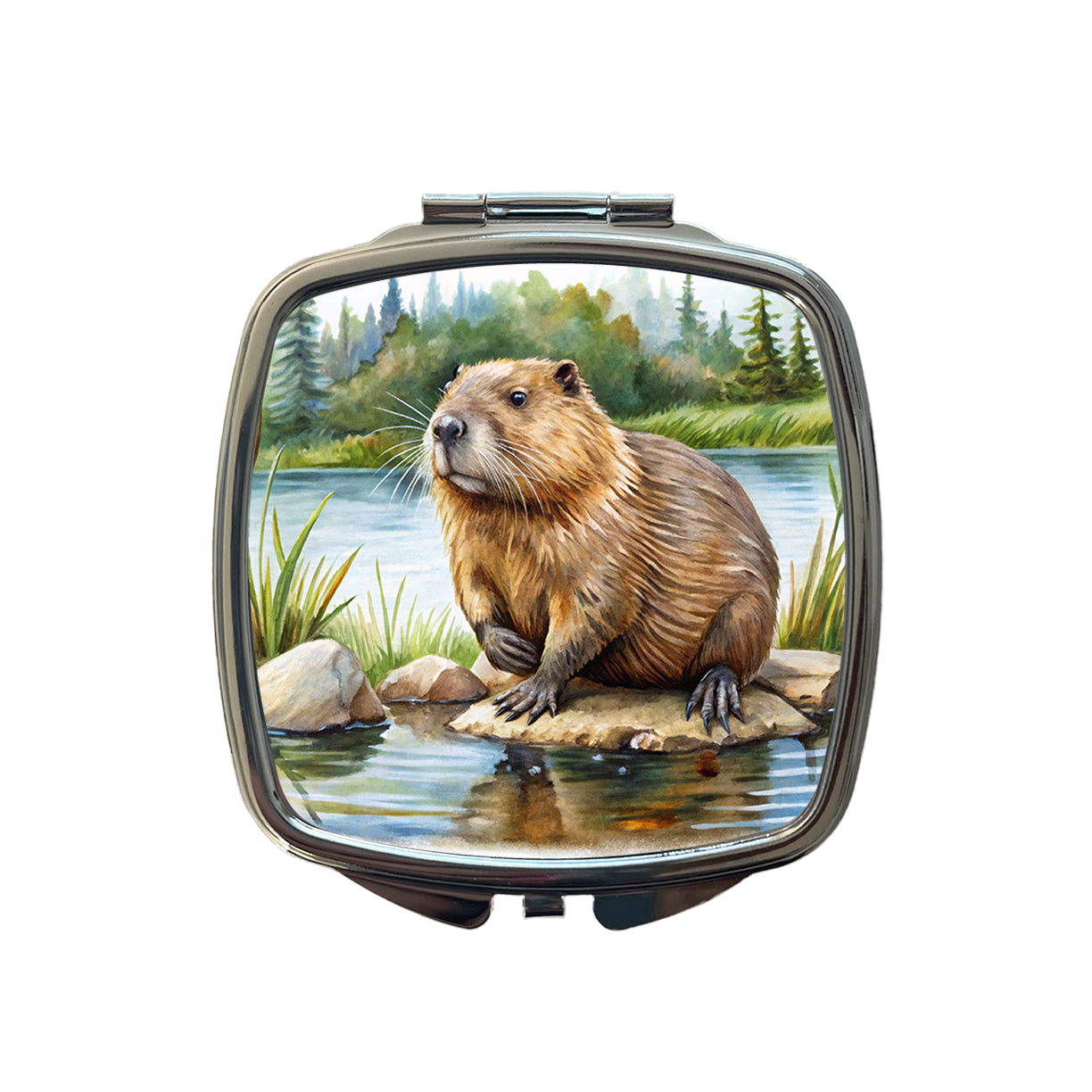 Beaver in the Pond Dam Watercolor Small Travel Purse Handbag Pocket Makeup Compact Mirror