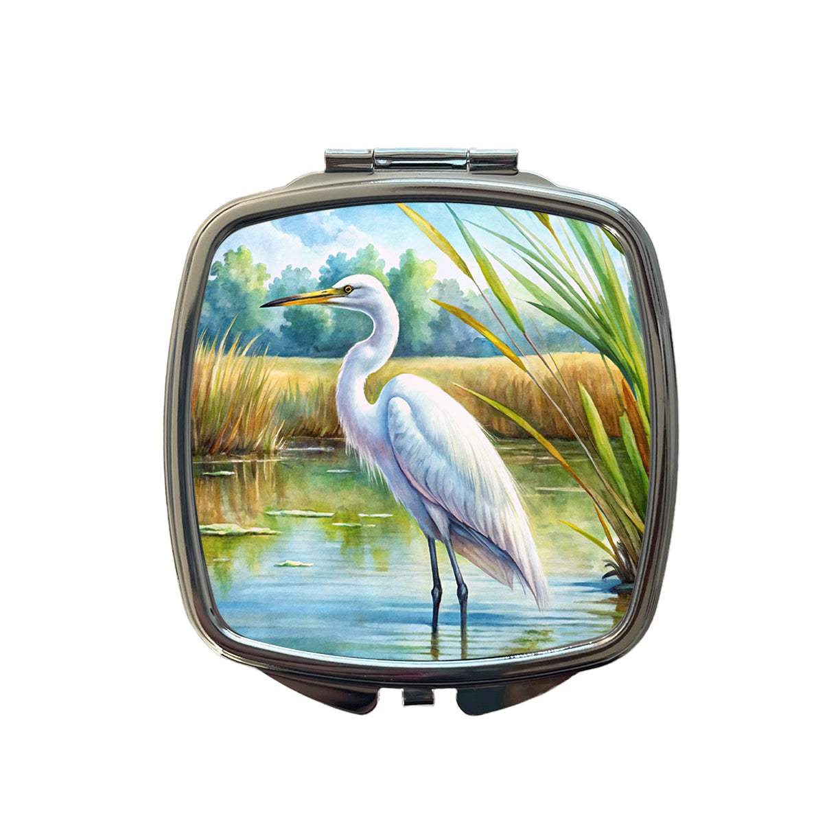 Egret Standing In Marshes Watercolor Small Travel Purse Handbag Pocket Makeup Compact Mirror