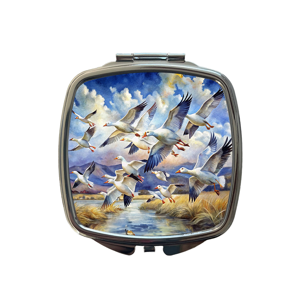 Flock Of Snow Geese In Flight Watercolor Small Travel Purse Handbag Pocket Makeup Compact Mirror
