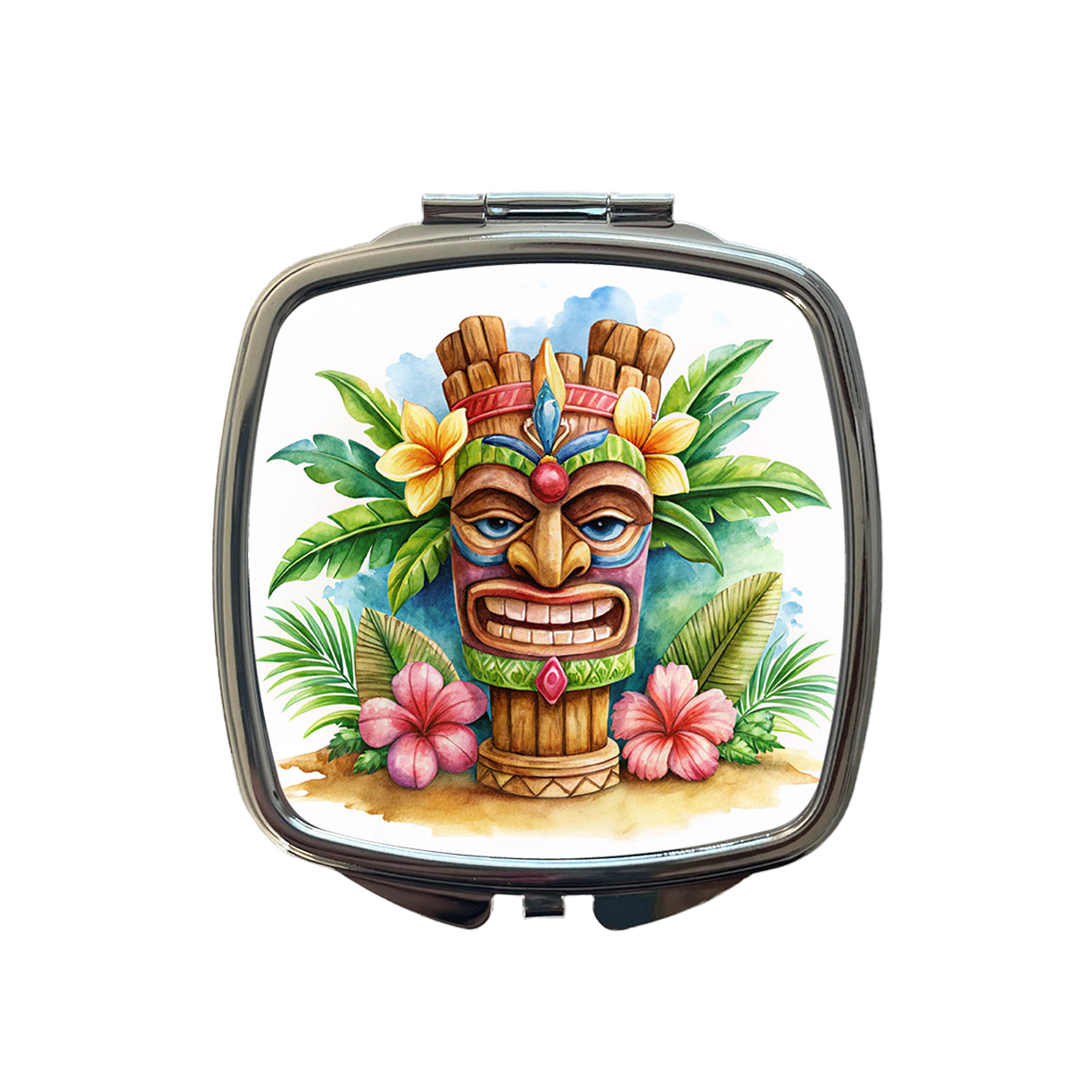 Hawaiian Tiki Statue Watercolor Small Travel Purse Handbag Pocket Makeup Compact Mirror