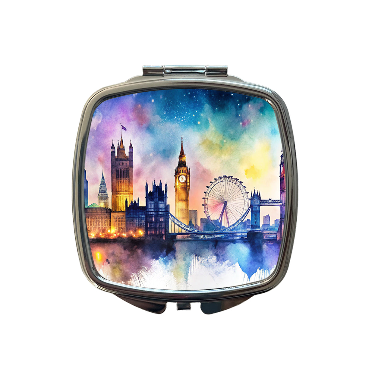 London Skyline At Night Scene Watercolor Small Travel Purse Handbag Pocket Makeup Compact Mirror