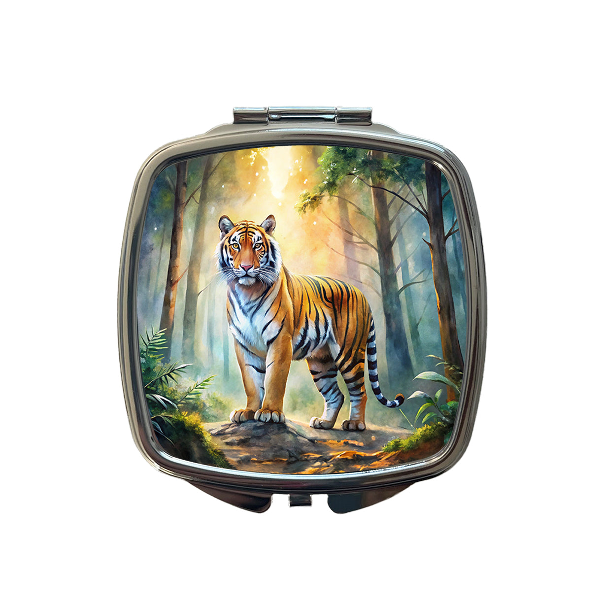 Majestic Tiger Standing In Forest Watercolor Small Travel Purse Handbag Pocket Makeup Compact Mirror