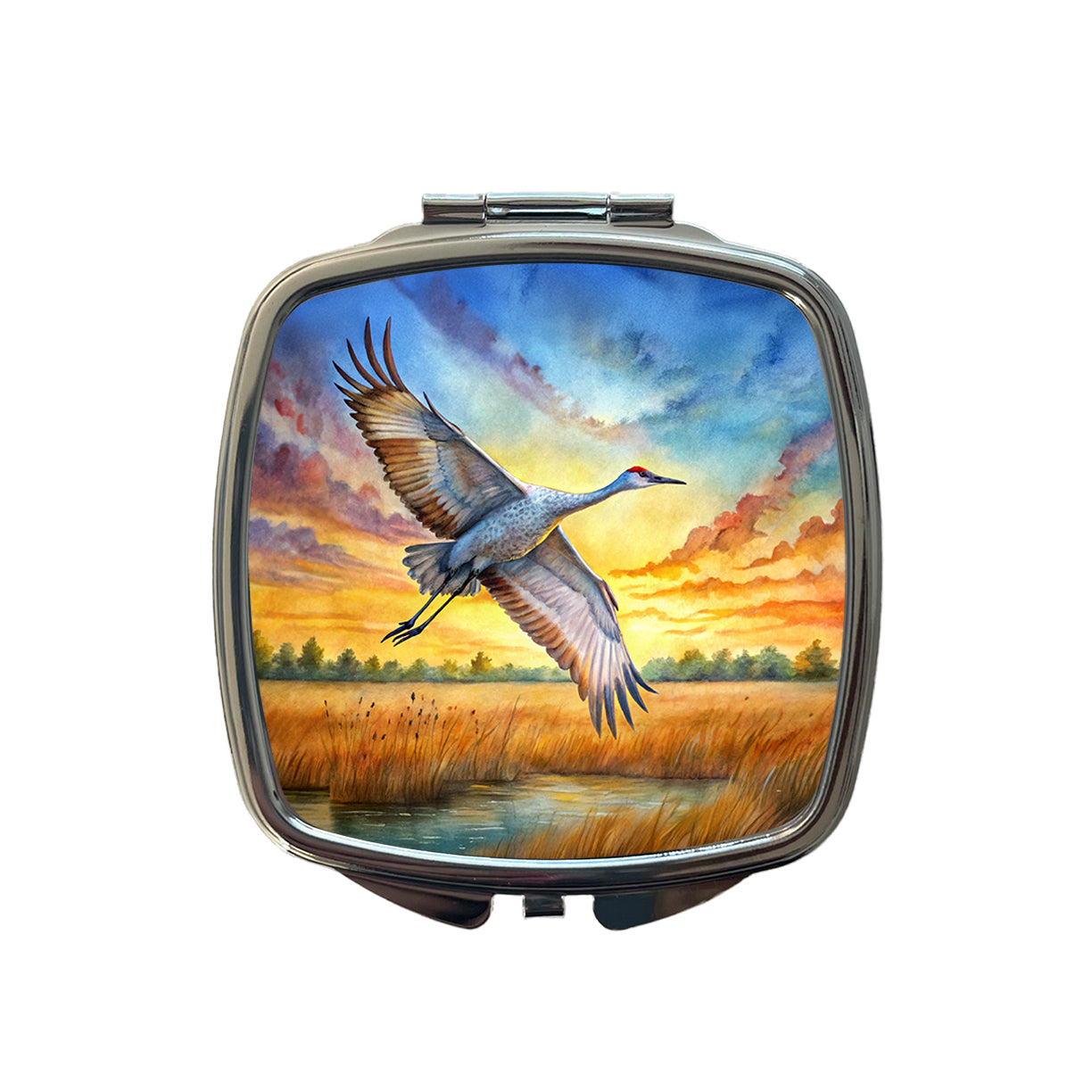 Sandhill Crane In Flight At Sunset Watercolor Small Travel Purse Handbag Pocket Makeup Compact Mirror