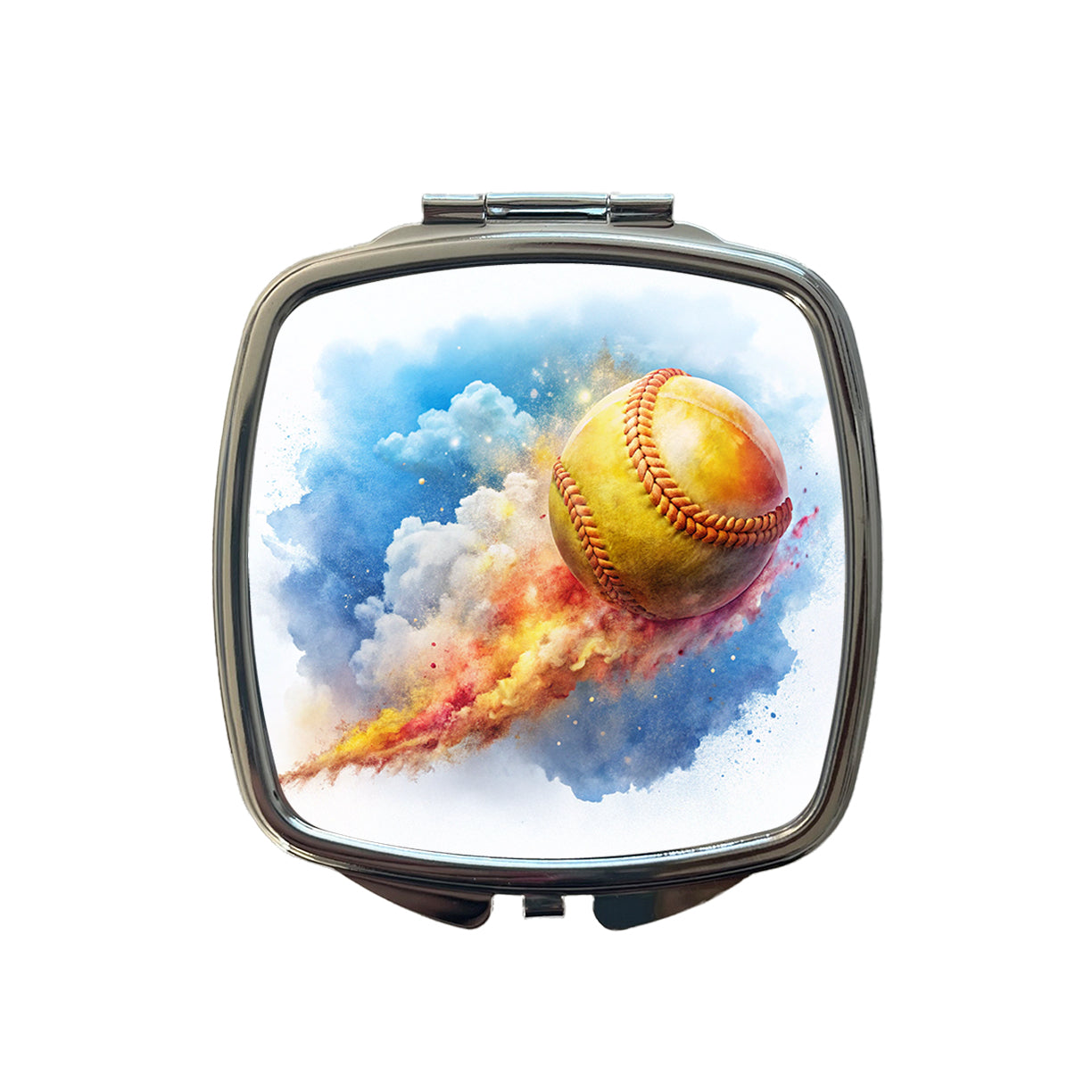 Softball Rocketing Through The Sky Watercolor Small Travel Purse Handbag Pocket Makeup Compact Mirror