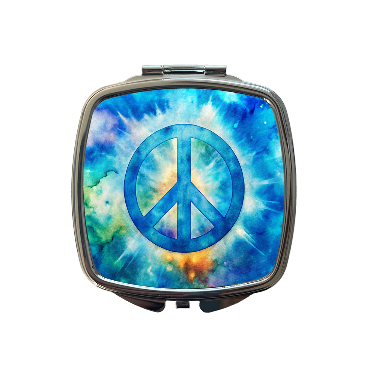 Solid Blue Peace Symbol Tie Dye Background Hippie Watercolor Small Travel Purse Handbag Pocket Makeup Compact Mirror