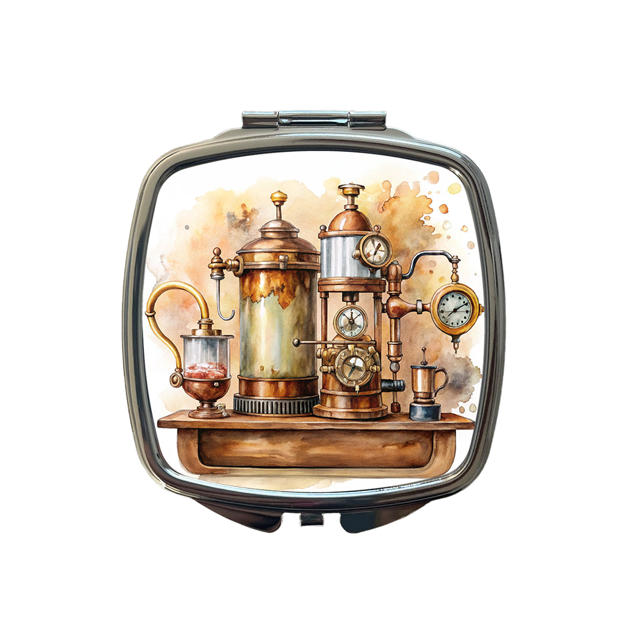 Steampunk Coffee Maker Fantasy Sci-fi Watercolor Small Travel Purse Handbag Pocket Makeup Compact Mirror