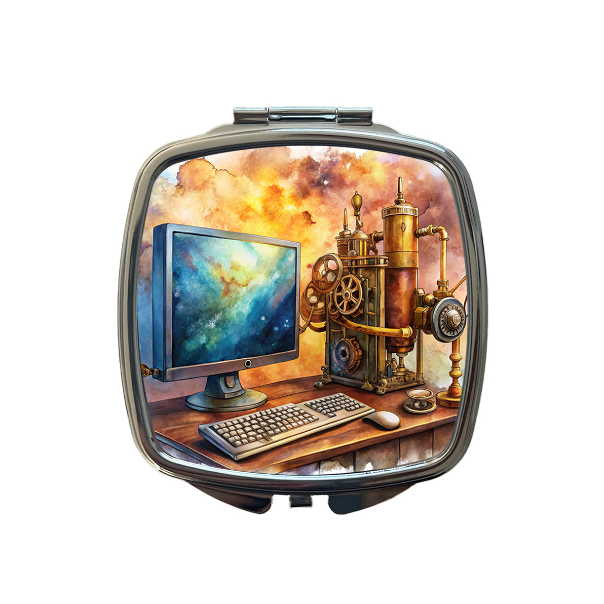 Steampunk Desktop PC Computer Fantasy Sci-fi Watercolor Small Travel Purse Handbag Pocket Makeup Compact Mirror