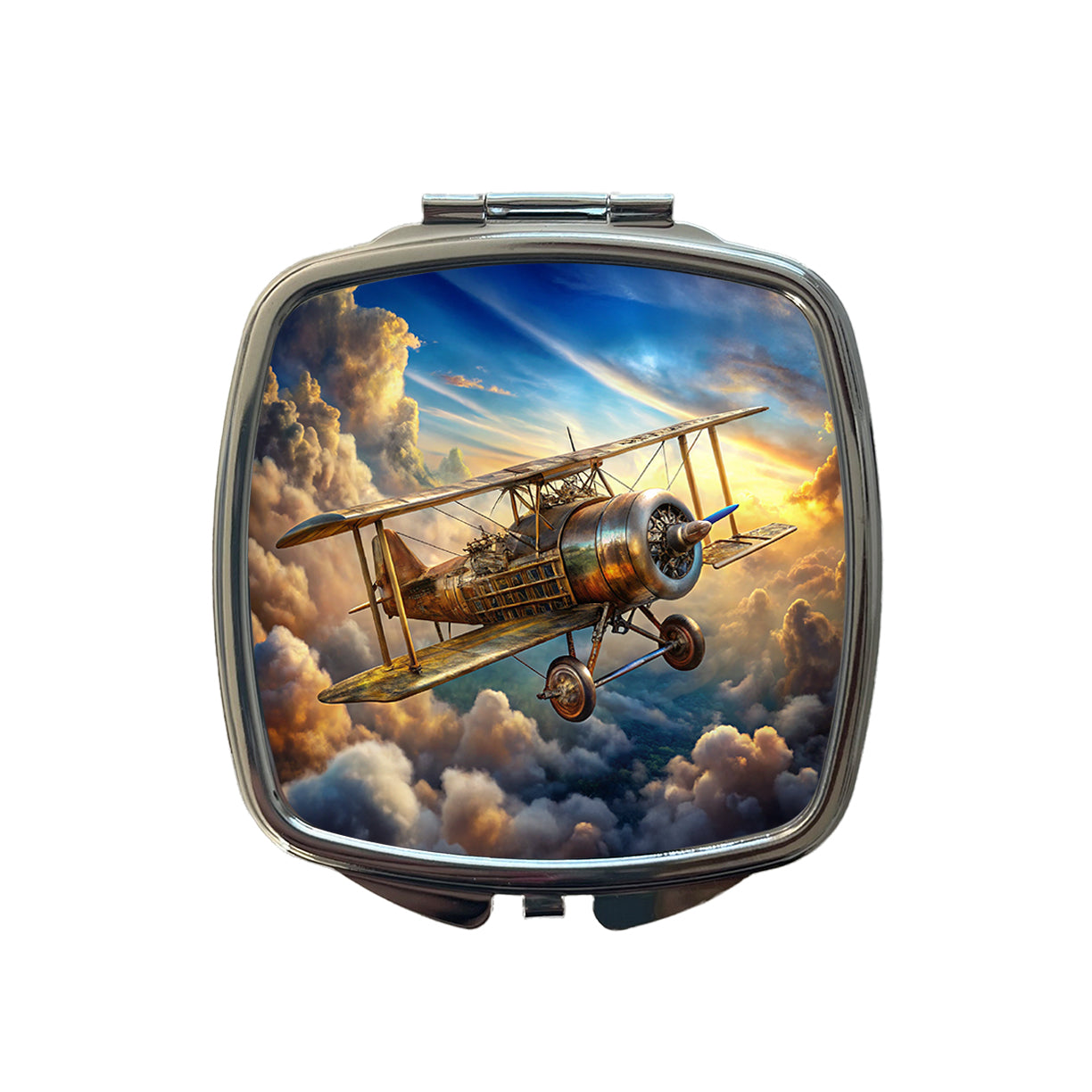 Steampunk Plane Airship in Cloudy Sky Fantasy Sci-fi Small Travel Purse Handbag Pocket Makeup Compact Mirror