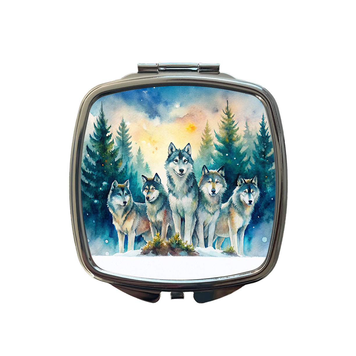 Wolfpack Snowy Forest Wolf Scene Watercolor Small Travel Purse Handbag Pocket Makeup Compact Mirror