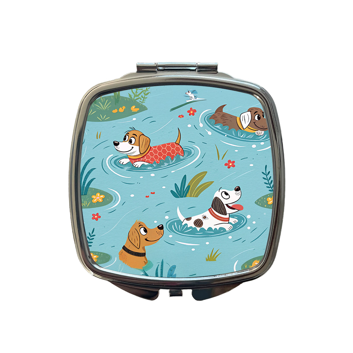 Dogs Swimming Playing In Pond Small Travel Purse Handbag Pocket Makeup Compact Mirror