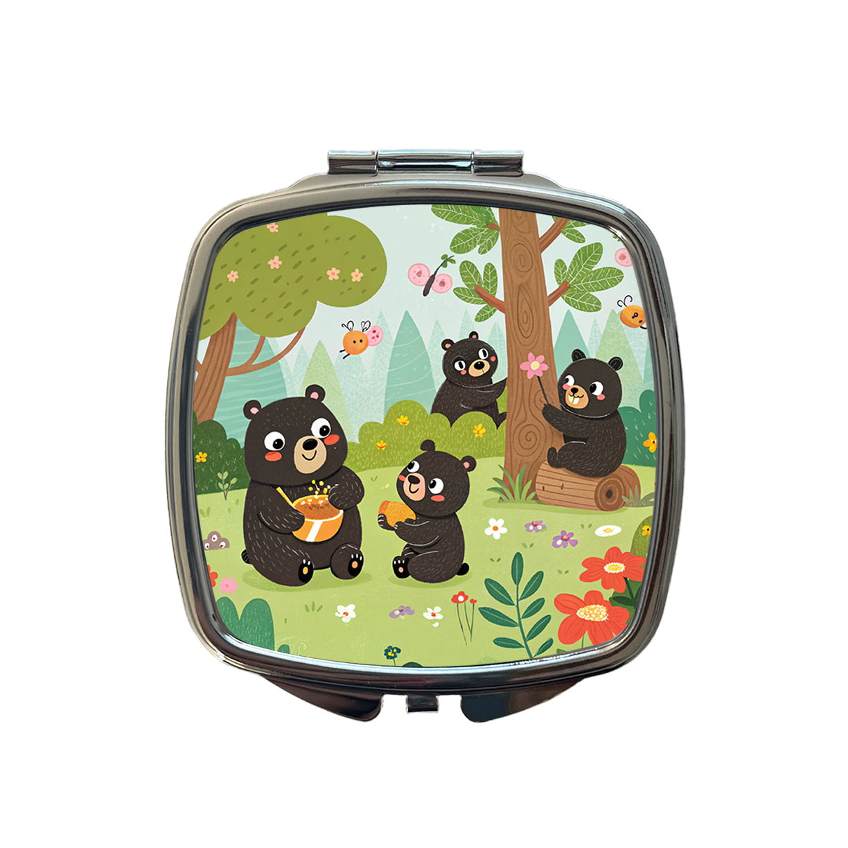 Kawaii Black Bears Small Travel Purse Handbag Pocket Makeup Compact Mirror