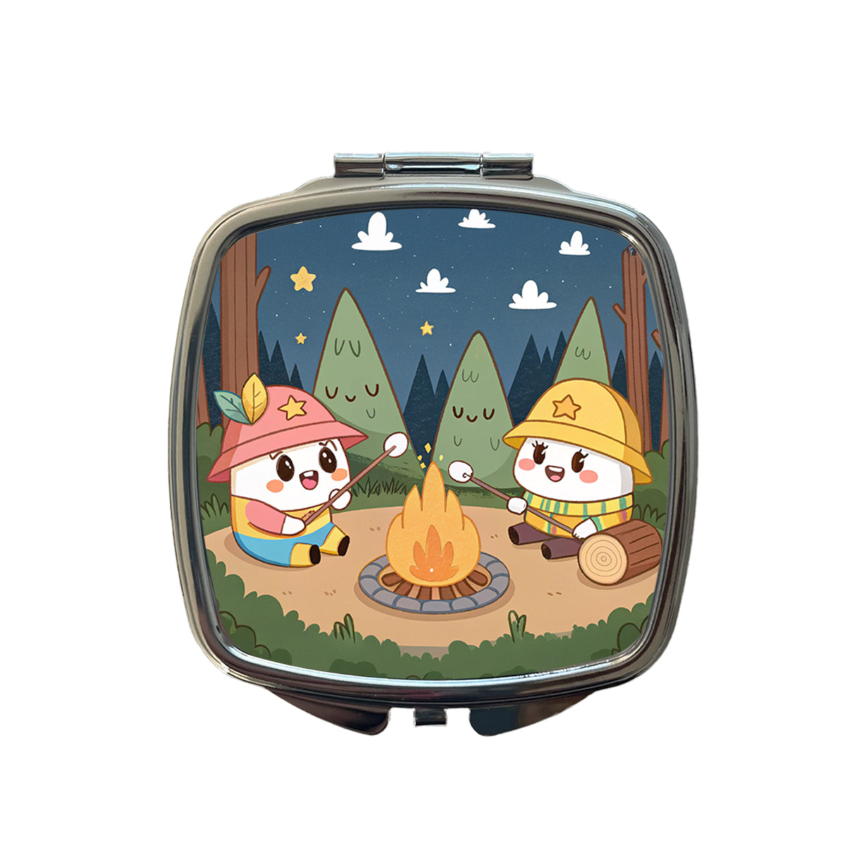 Kawaii Camping Roasting Marshmallows Small Travel Purse Handbag Pocket Makeup Compact Mirror