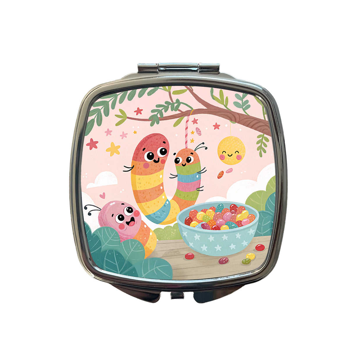 Kawaii Gummi Worms Jelly Beans Small Travel Purse Handbag Pocket Makeup Compact Mirror