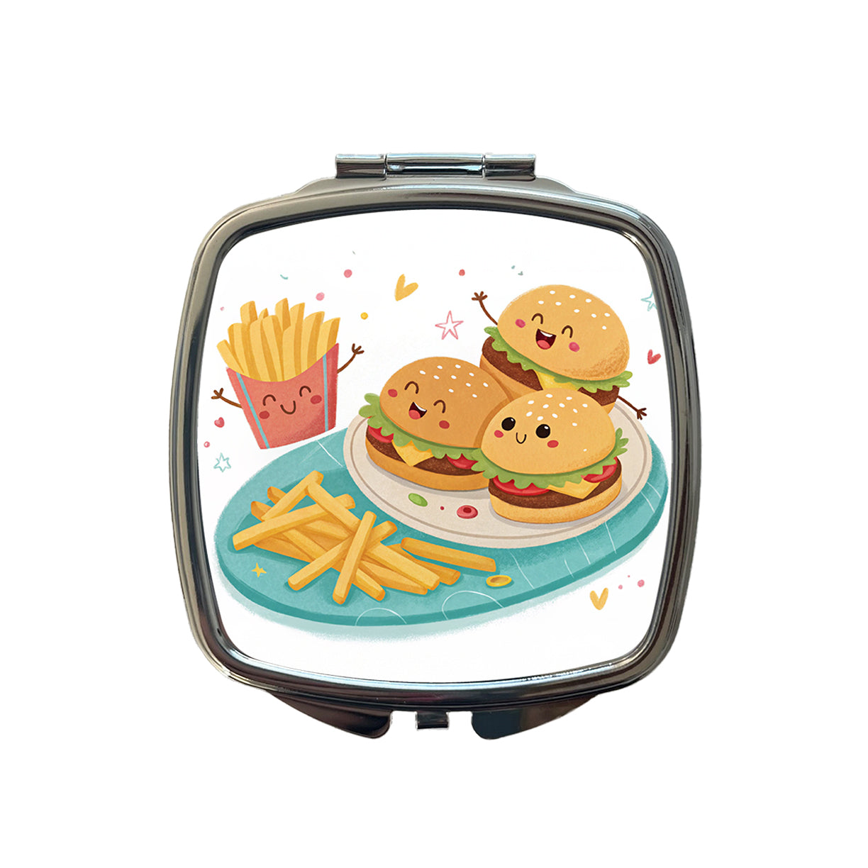 Kawaii Hamburgers And Fries Small Travel Purse Handbag Pocket Makeup Compact Mirror
