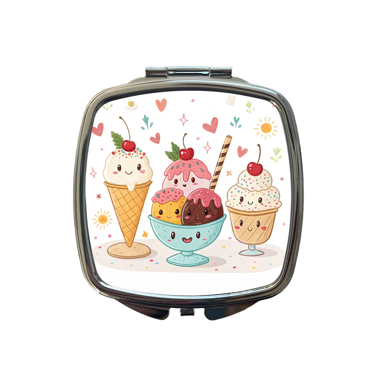 Kawaii Ice Cream Sundaes Small Travel Purse Handbag Pocket Makeup Compact Mirror