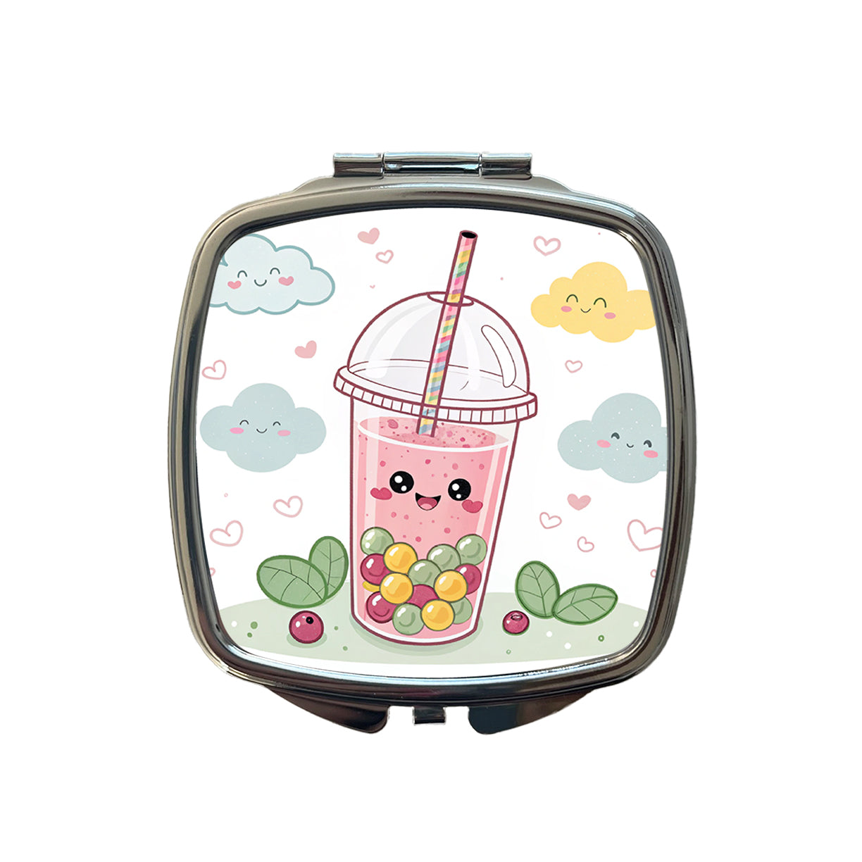 Kawaii Pink Boba Bubble Tea Small Travel Purse Handbag Pocket Makeup Compact Mirror