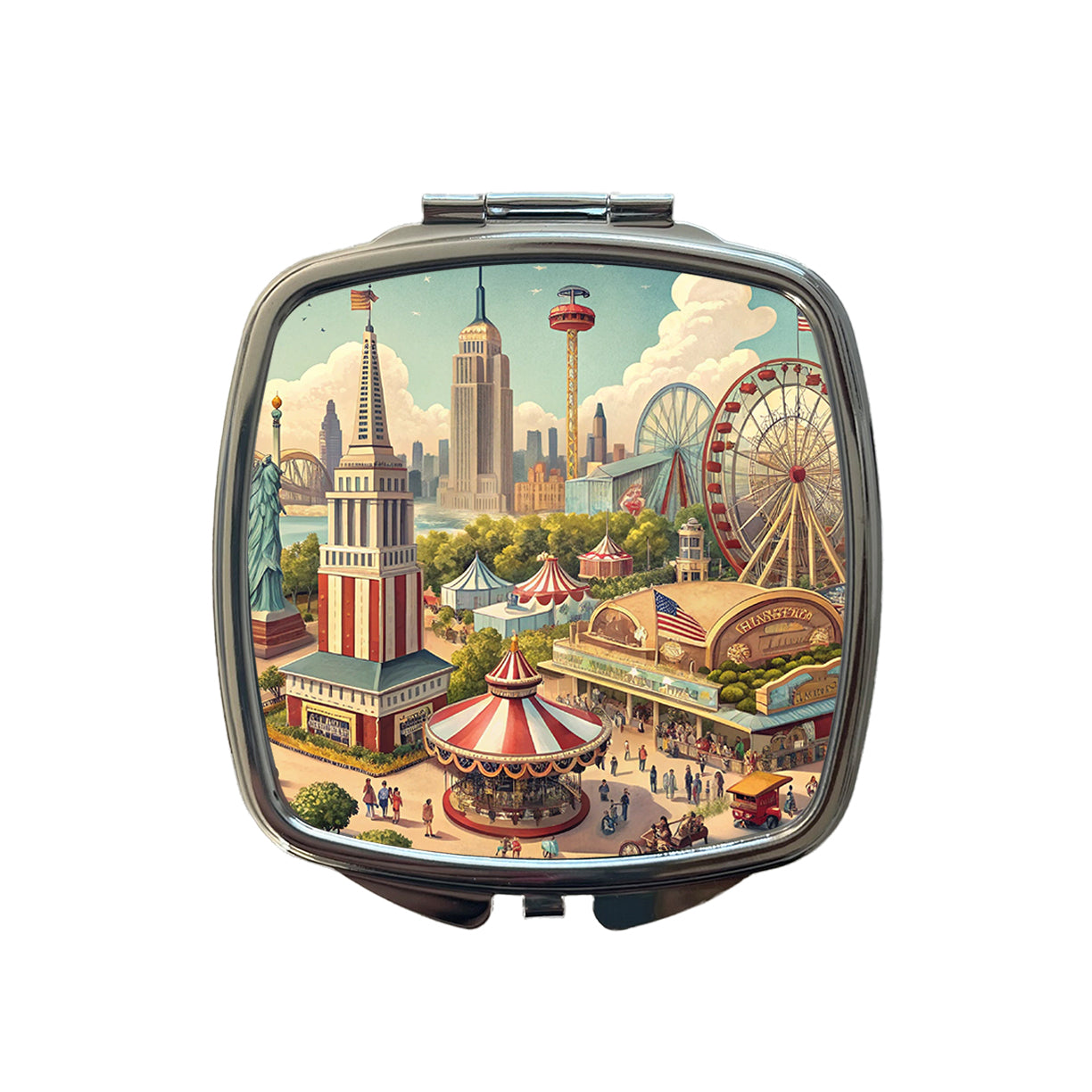 Americana New York World's Fair Small Travel Purse Handbag Pocket Makeup Compact Mirror