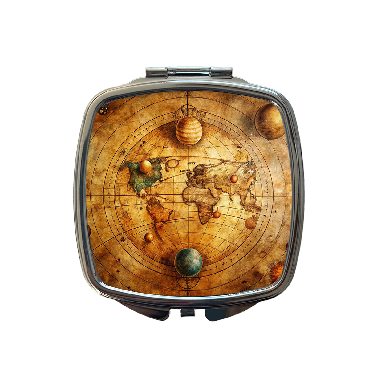 Ancient Worn Map Of The Earth and Solar System Small Travel Purse Handbag Pocket Makeup Compact Mirror