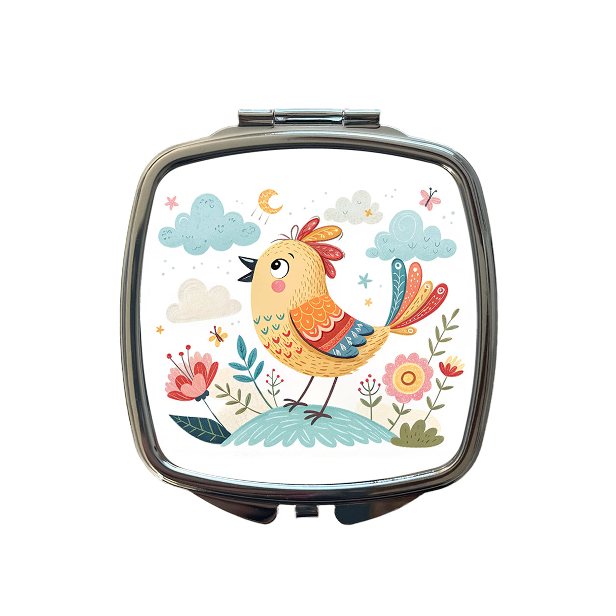 Bird Children's Illustration Style Small Travel Purse Handbag Pocket Makeup Compact Mirror