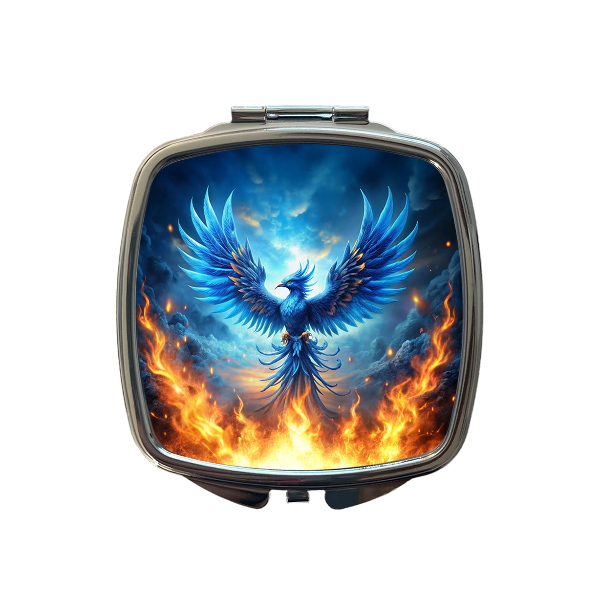 Blue Flaming Phoenix Rising From Ashes Fantasy Bird Small Travel Purse Handbag Pocket Makeup Compact Mirror