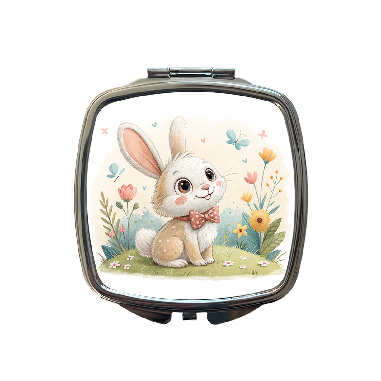 Bunny Rabbit Children's Illustration Style Small Travel Purse Handbag Pocket Makeup Compact Mirror
