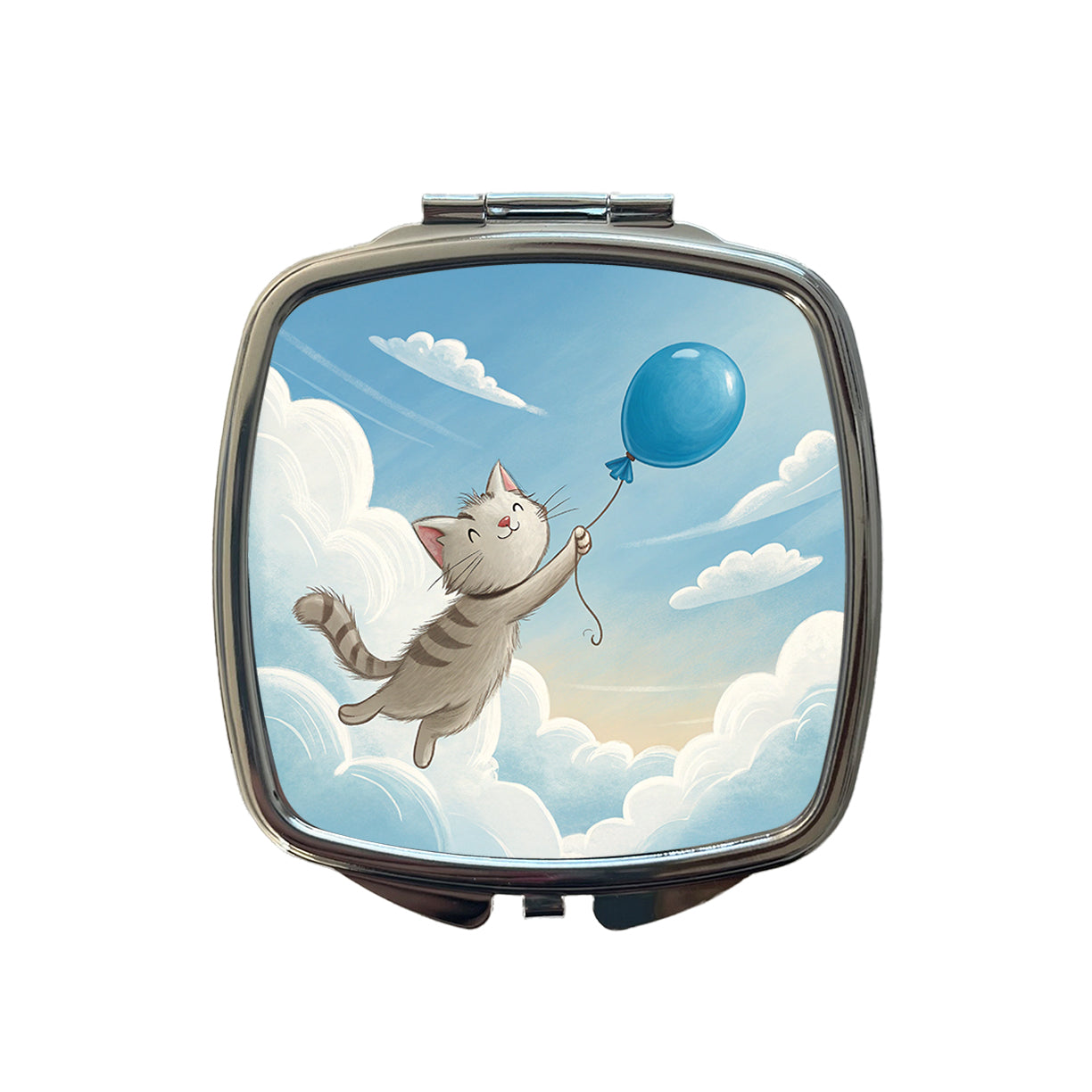 Cat Carried by Blue Balloon into the Sky Small Travel Purse Handbag Pocket Makeup Compact Mirror