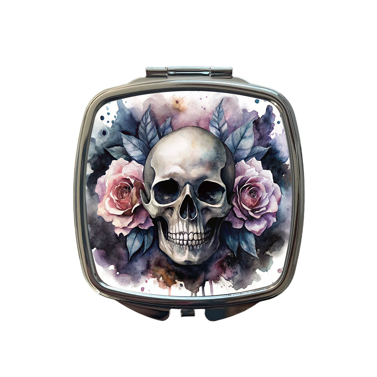 Death Skull Roses Black Watercolor Small Travel Purse Handbag Pocket Makeup Compact Mirror