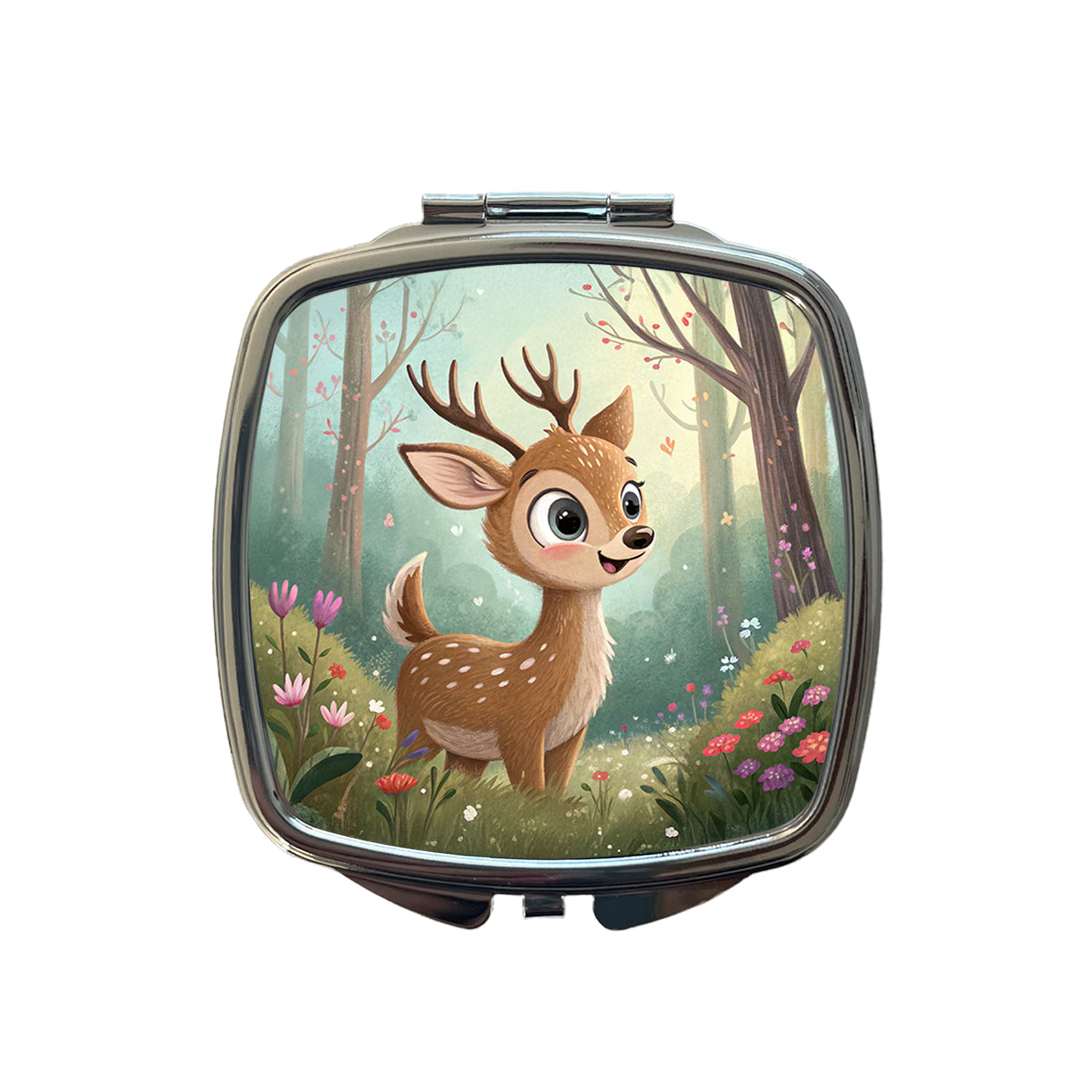 Deer Children's Illustration Style Small Travel Purse Handbag Pocket Makeup Compact Mirror