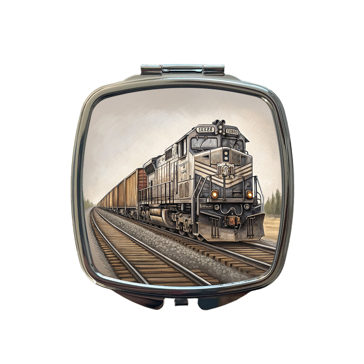 Diesel Locomotive Pulling A Long Line Of Freight Cars Small Travel Purse Handbag Pocket Makeup Compact Mirror