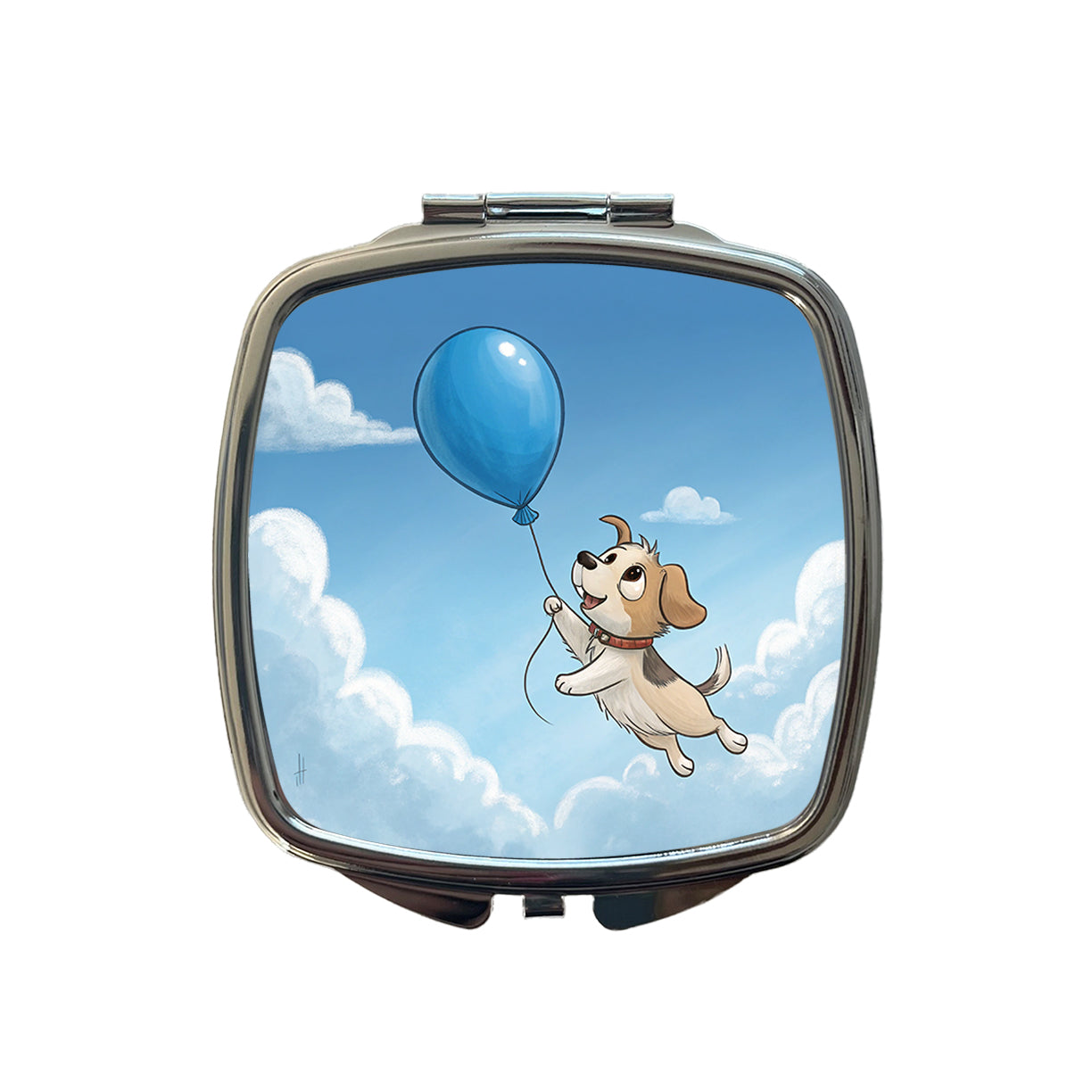 Dog Carried by Blue Balloon into the Sky Small Travel Purse Handbag Pocket Makeup Compact Mirror