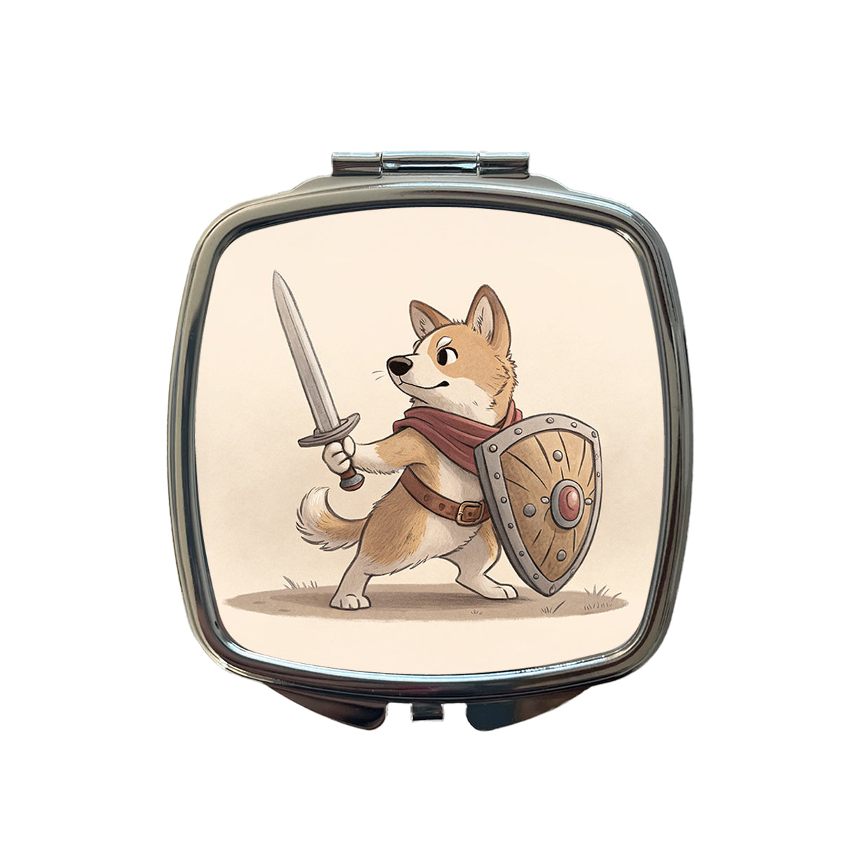 Dog With Sword And Shield Fantasy Medieval Cartoon Small Travel Purse Handbag Pocket Makeup Compact Mirror