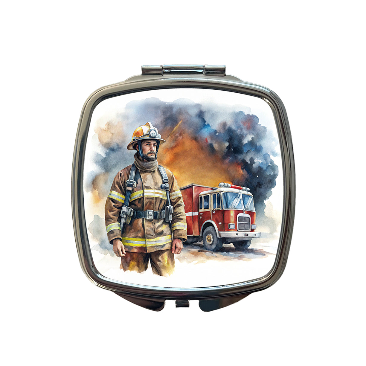Firefighter and Fire Engine Watercolor Small Travel Purse Handbag Pocket Makeup Compact Mirror