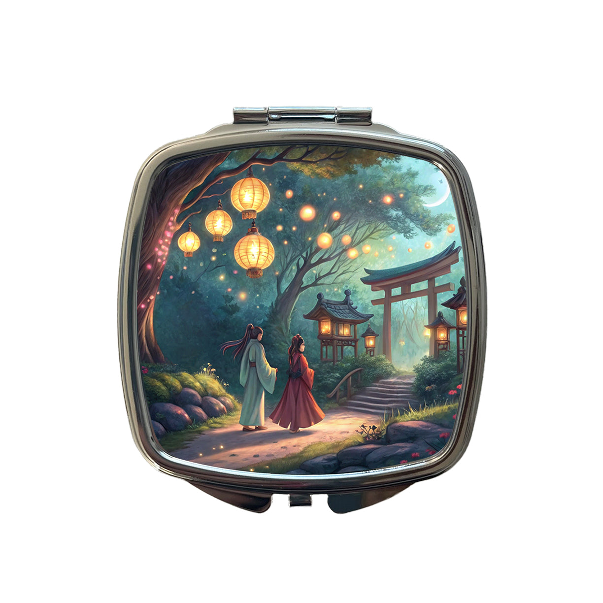 Forest Temple Entrance Torii Gate Fantasy Japanese Anime Style Small Travel Purse Handbag Pocket Makeup Compact Mirror