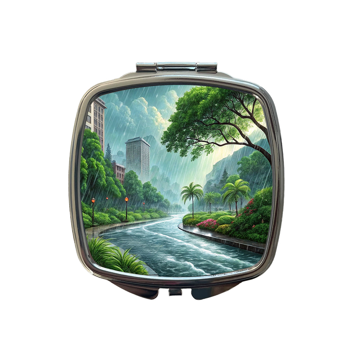 Heavy Monsoon Rain Storm City Landscape Small Travel Purse Handbag Pocket Makeup Compact Mirror