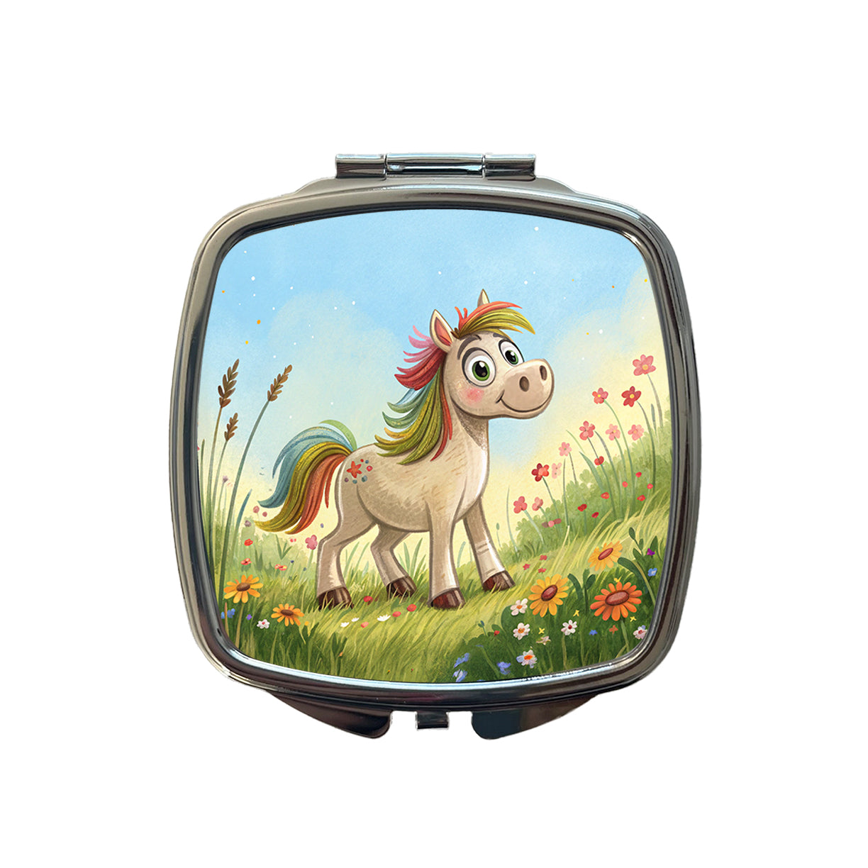 Horse Children's Illustration Style Small Travel Purse Handbag Pocket Makeup Compact Mirror