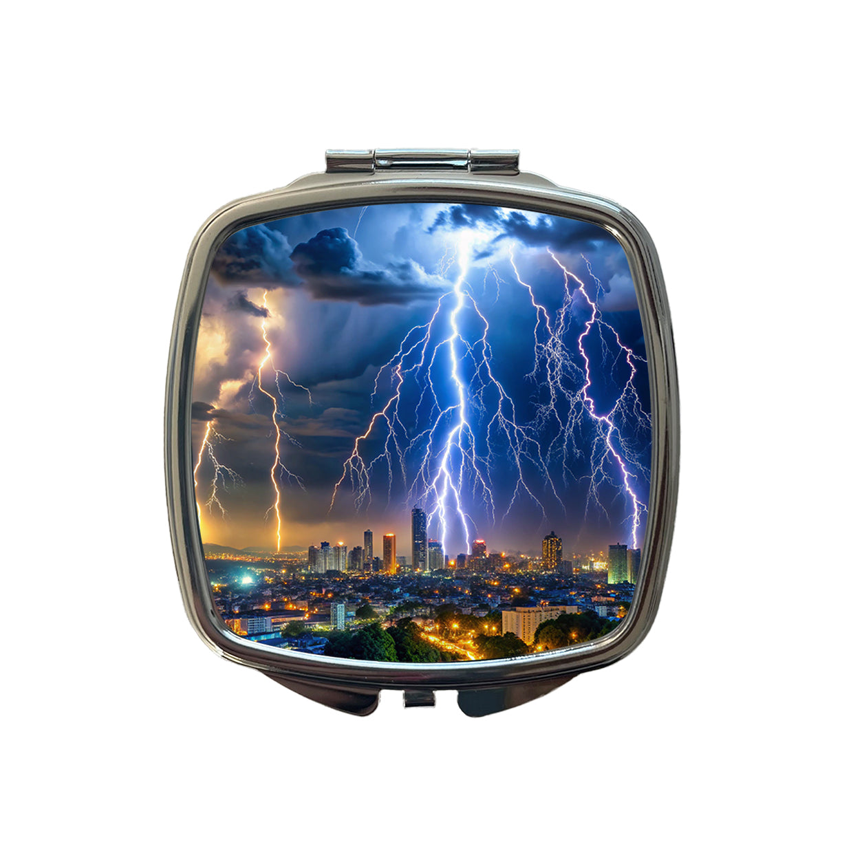 Lighting Strikes Over City At Night Small Travel Purse Handbag Pocket Makeup Compact Mirror