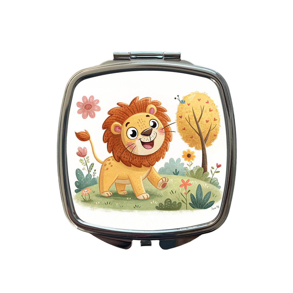 Lion Children's Illustration Style Small Travel Purse Handbag Pocket Makeup Compact Mirror