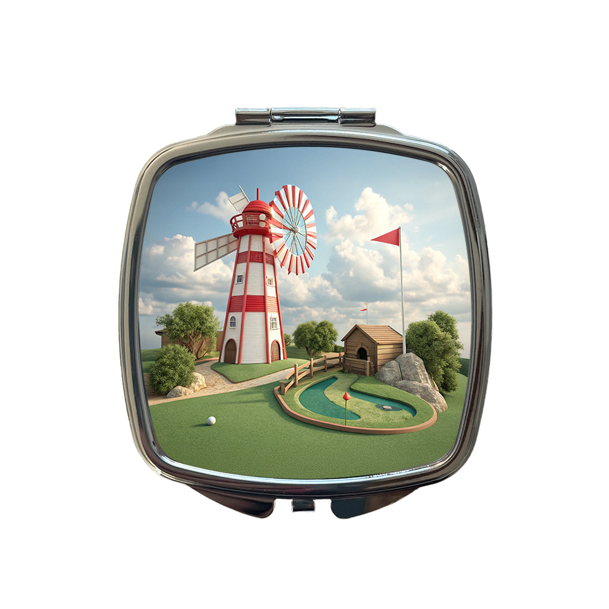 Miniature Golf Course Windmill Small Travel Purse Handbag Pocket Makeup Compact Mirror
