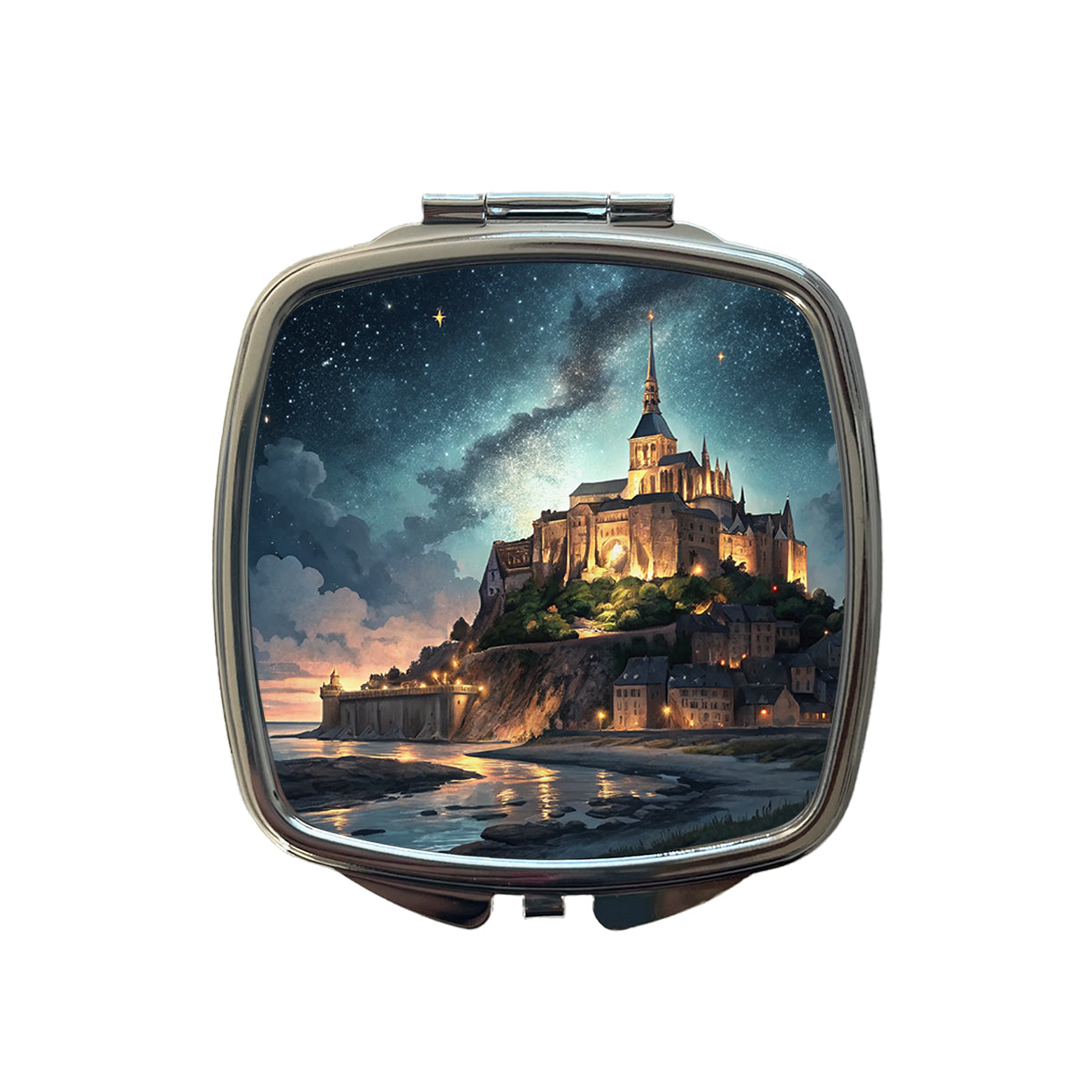 Mont Saint Michel Monastery Lit Up At Night Normandy Small Travel Purse Handbag Pocket Makeup Compact Mirror
