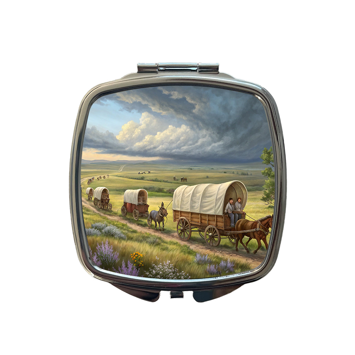 Old West Covered Wagons Crossing The Prairie Western Small Travel Purse Handbag Pocket Makeup Compact Mirror
