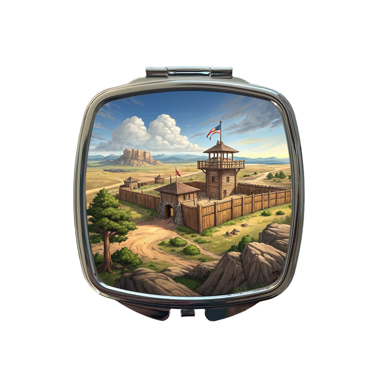 Old West Frontier Fort Cowboy Western Small Travel Purse Handbag Pocket Makeup Compact Mirror