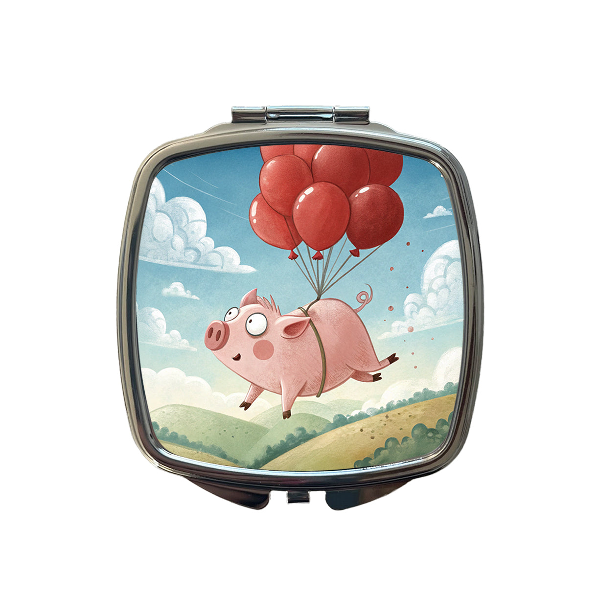 Pig Floating Through Sky Hanging From Red Balloons Small Travel Purse Handbag Pocket Makeup Compact Mirror