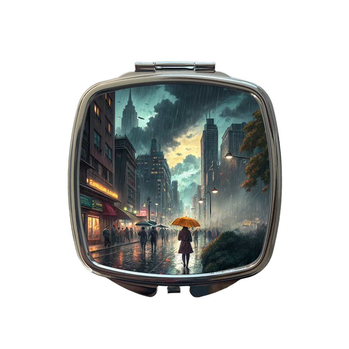 Rain Storm In The City at Night Small Travel Purse Handbag Pocket Makeup Compact Mirror
