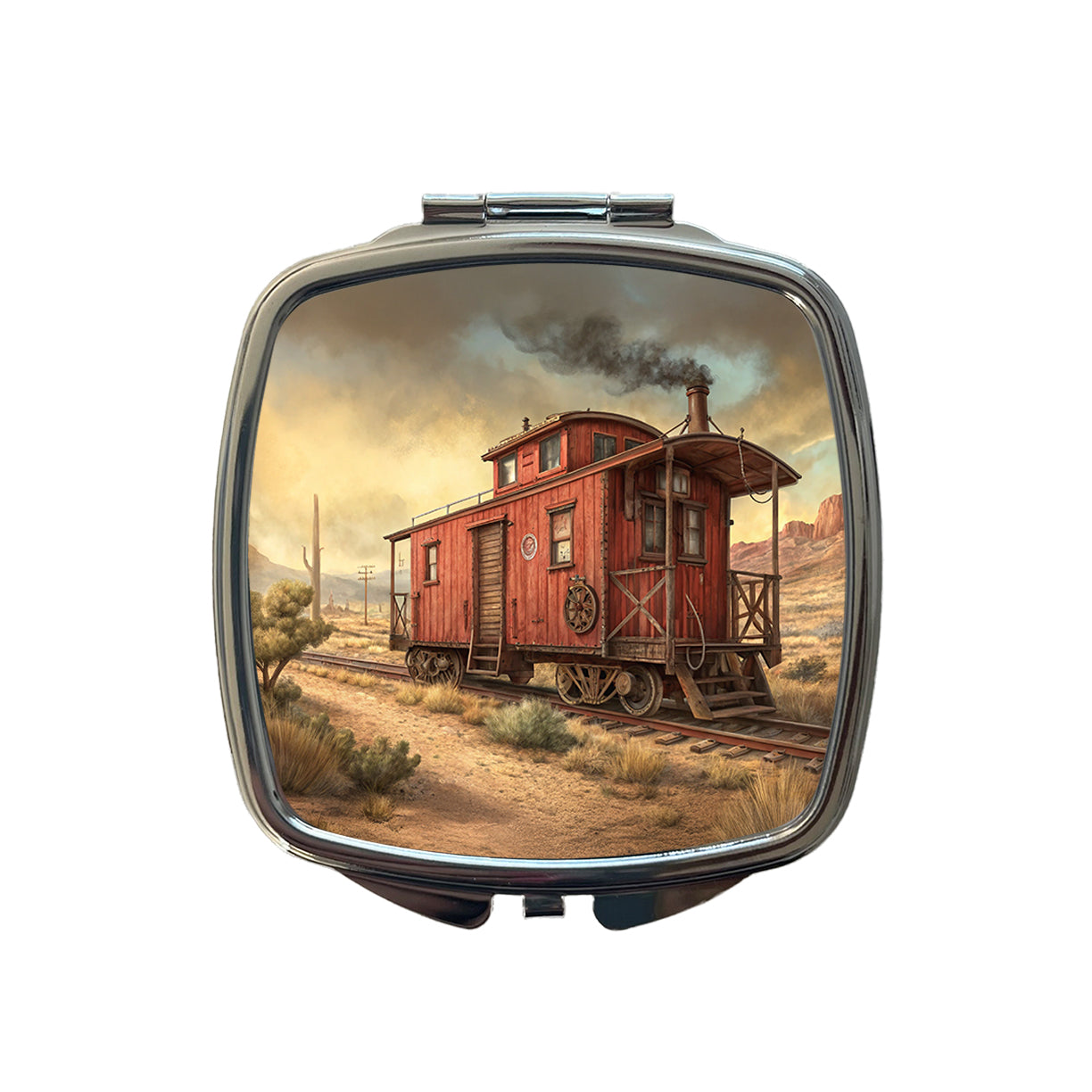 Red Train Caboose Old West Western Small Travel Purse Handbag Pocket Makeup Compact Mirror