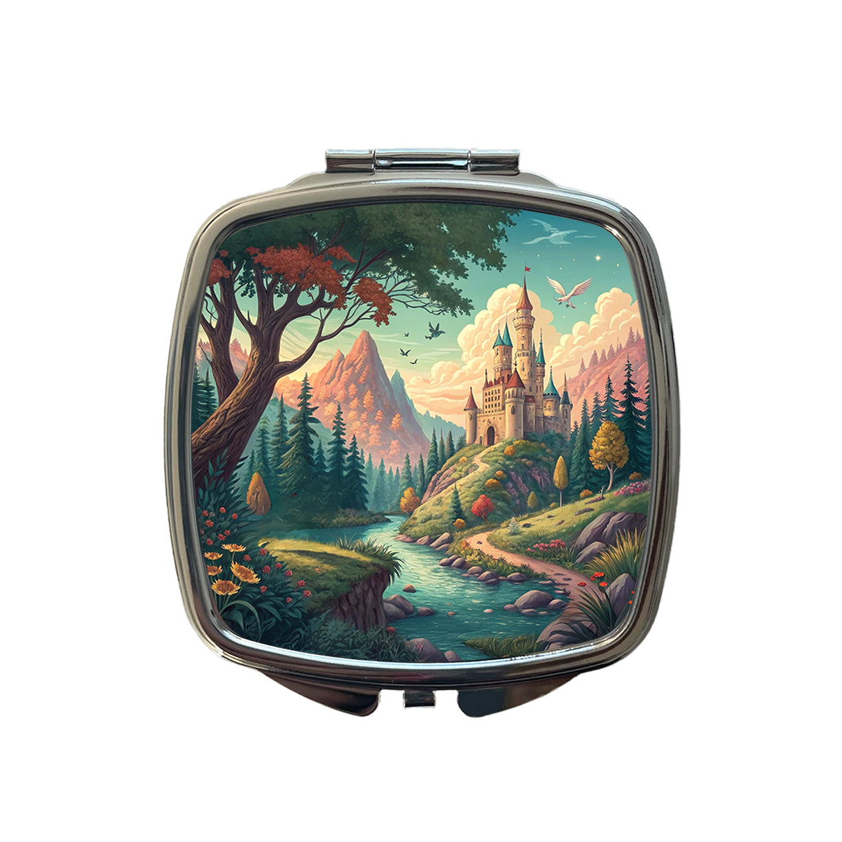 Retro Fantasy Art Castle Kingdom Scene Small Travel Purse Handbag Pocket Makeup Compact Mirror