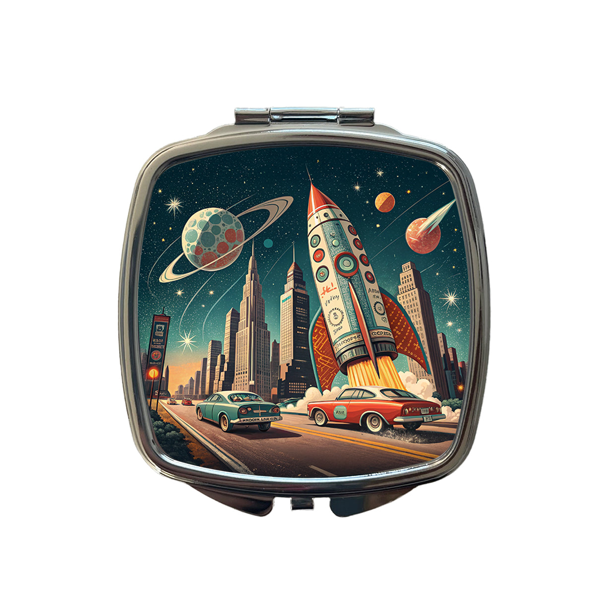 Retro Sci-fi 60's Poster Art Rocket Small Travel Purse Handbag Pocket Makeup Compact Mirror