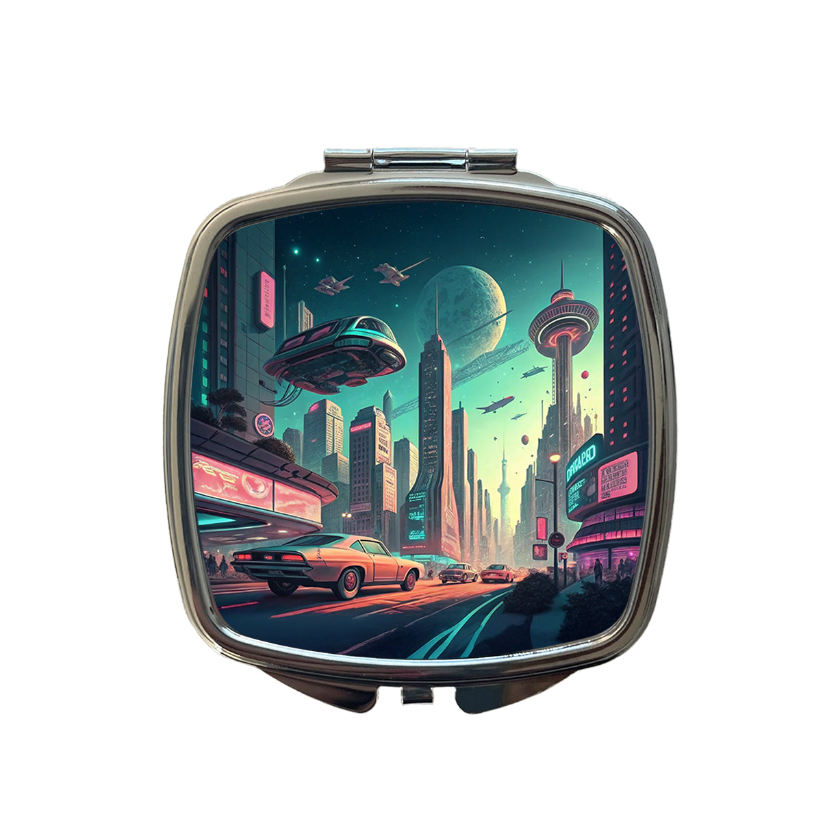 Retro Sci-fi Poster Art Futuristic City Scene Small Travel Purse Handbag Pocket Makeup Compact Mirror