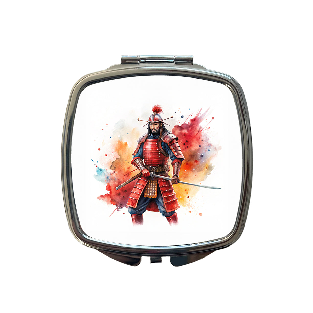 Samurai With Katana And Red Armor Watercolor Small Travel Purse Handbag Pocket Makeup Compact Mirror